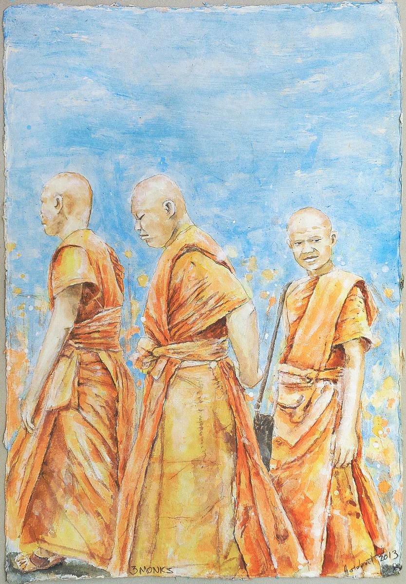 Impressionistic Portrait Painting By Gordon T., 21 X 31, 3 Monks, Original Artwork