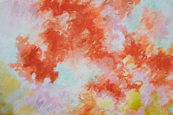 The red mimosas, Japanese evocation - energy abstract floral spring blossoms red mauve violet vibrant impressionistic oil painting ready to hang Fauve Nabis color