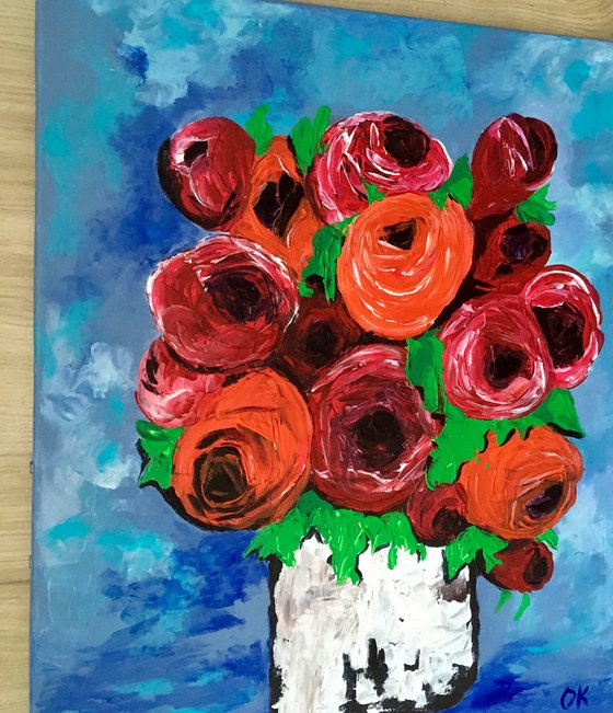 BOUQUET OF Red  Roses textured acrylic painting, palette knife artwork