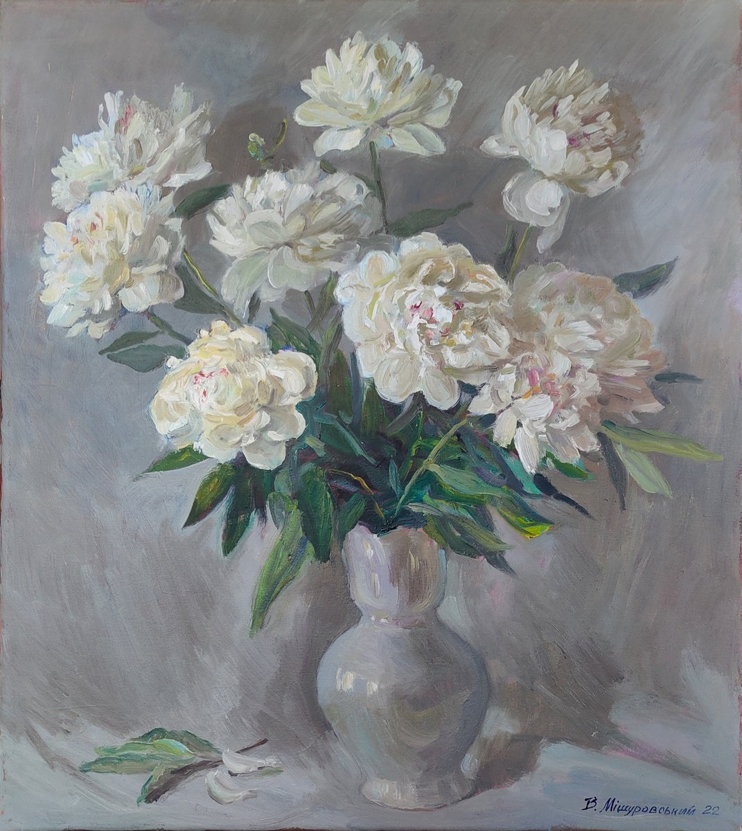 Impressionistic Still Life Oil Painting By Viktor Mishurovskiy, 24 X 28", White Peonies On A Silver Background, Original Artwork