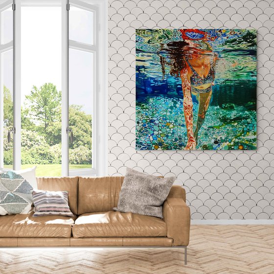 Woman under water in the swimming pool, sea, ocean with blue green turquoise color waves with bright sun glares. Impressionistic artwork. Original painting wall art home decor. Art Gift