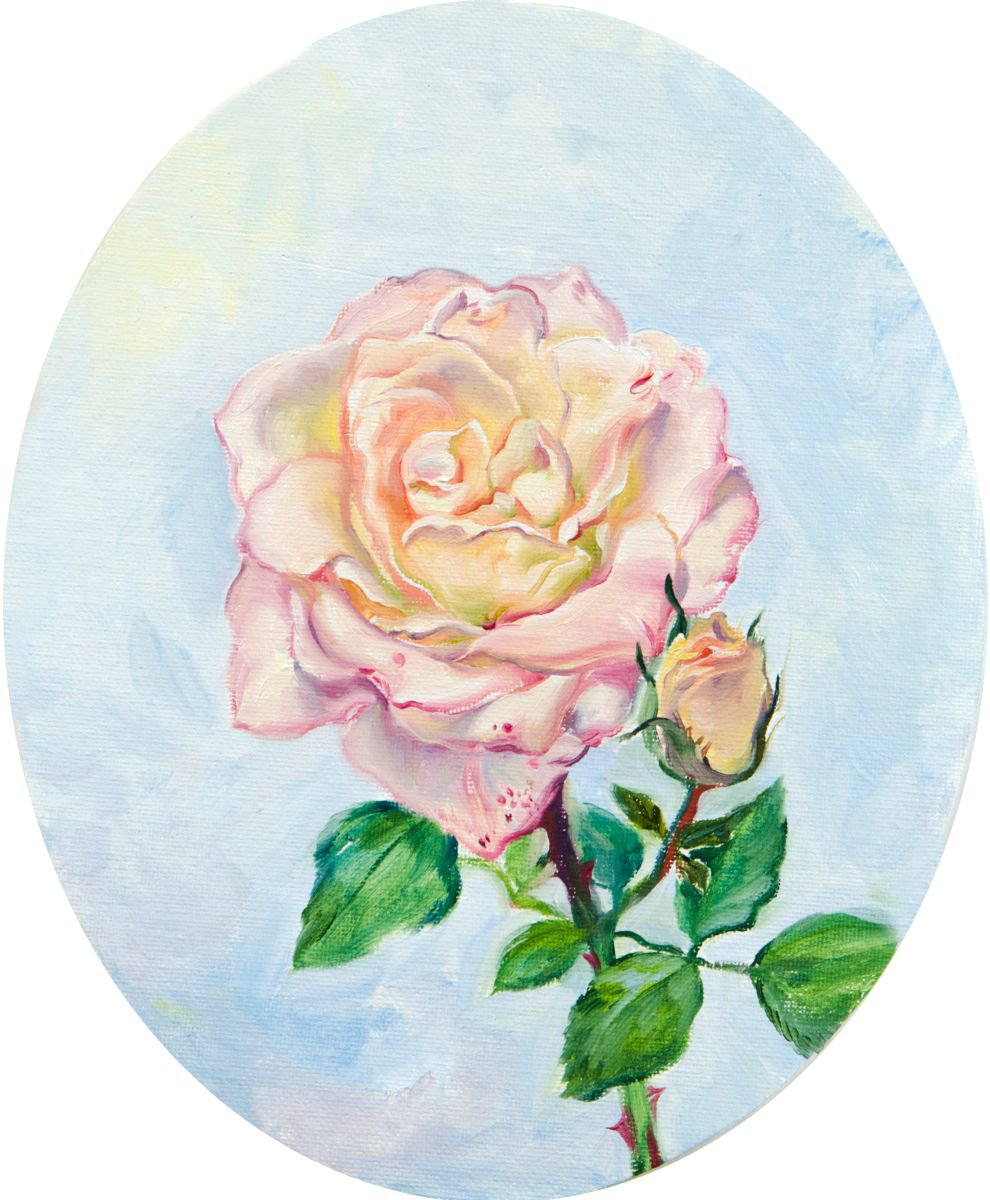 Impressionistic Botanical Oil Painting By Daria Galinski, 8 X 10, Rose In Oval, Original Artwork