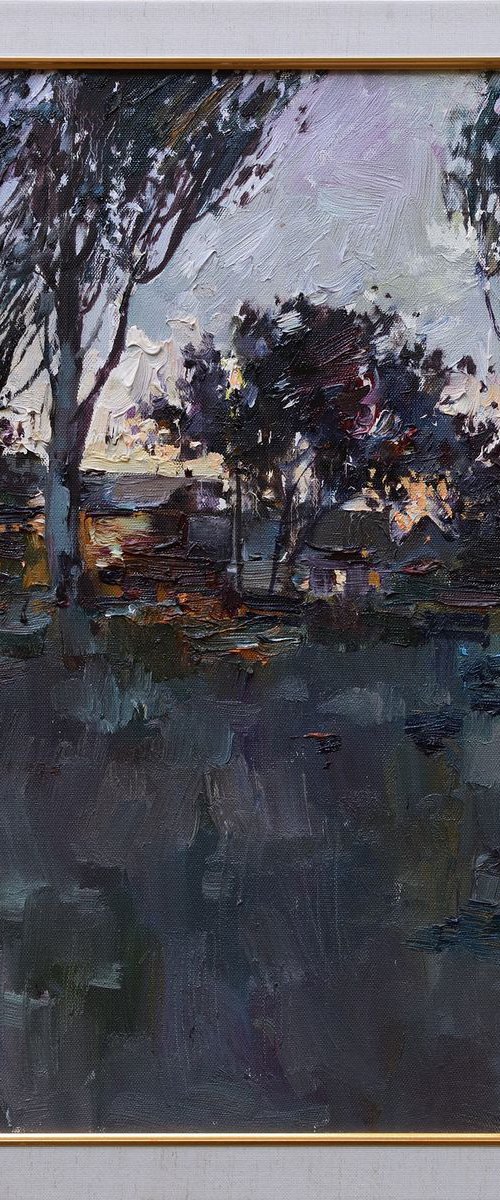 Evening rural landscape Original oil painting Framed by Anastasiia Valiulina
