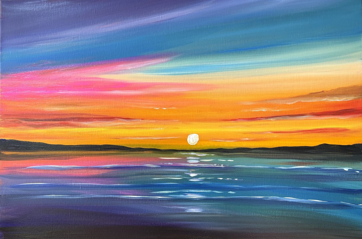 Impressionistic Landscape Acrylic Painting By Aisha Haider, 30 X 20, Stillness At Sunset, Original Artwork