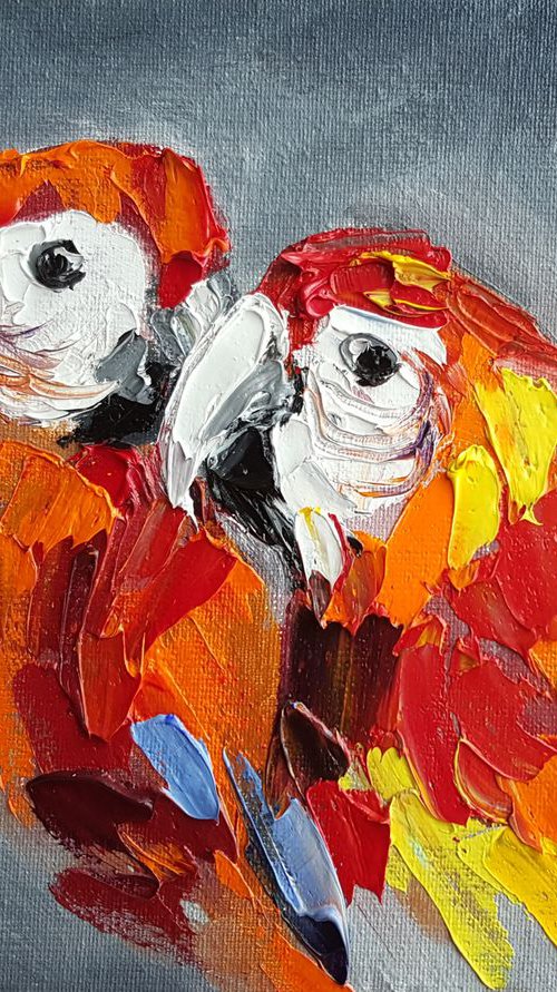 Lovers - bird, parrots, painting on canvas, gift, parrots art, art bird, animals oil painting,  palette knife by Anastasia Kozorez