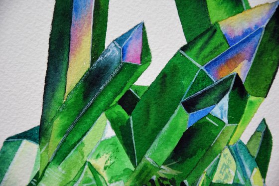 Crystal Painting, Green Quartz Art, Gemstone Watercolour Painting, Mineral Wall Art