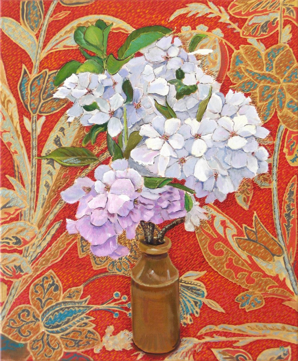 Botanical Oil Painting By Richard Gibson, 18 X 22", Blossom Against Red Fabric, Original Artwork