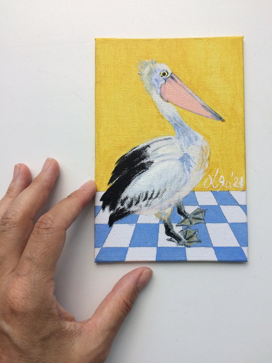 Bird portrait of a pelican on a chessboard - Small canvas art - Gift idea for bird lover