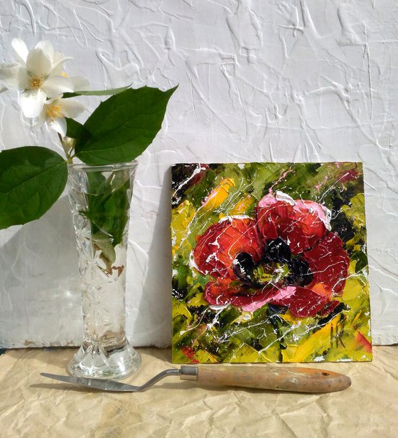 Poppy Painting Floral Original Art Abstract Red Flower Small Oil Impasto Pallete Knife Artwork Home Wall Art 6 by 6" by Halyna Kirichenko