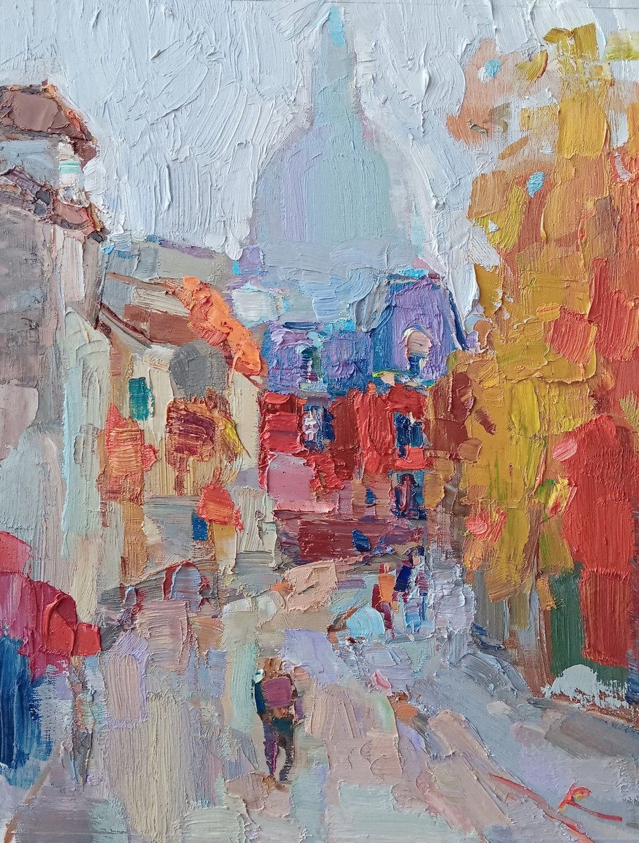 Impressionistic Cityscapes Oil Painting By Ruslan Khais, 16 X 20", Walking Montmartre, Original Artwork