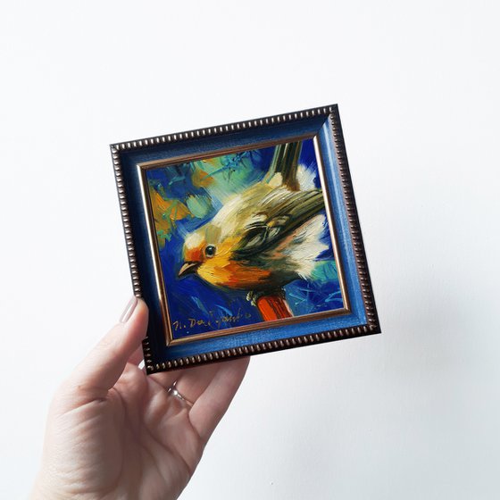 Robin Bird oil painting original art 4x4 in frame, Cute little bird picture small art framed wildlife painting