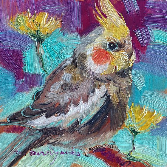 Parrot bird painting original small oil art framed 4x4 inch, Gray bird painting