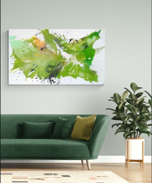 Longing for spring, green and orangeyellow canvasartwork by Christa Haack