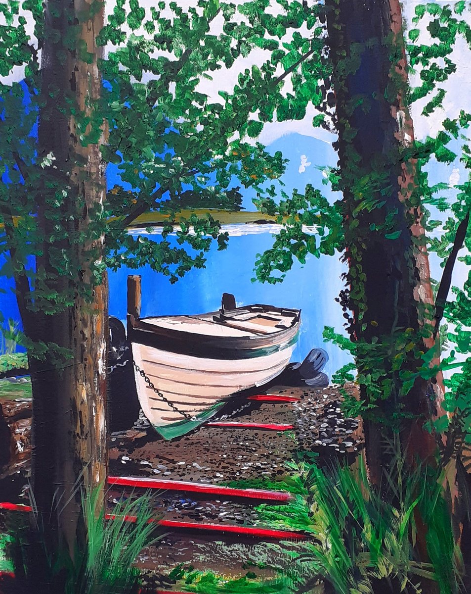Impressionistic Landscape Acrylic Painting By Cathal Gallagher, 18 X 24, Between, The Boat, Original Artwork