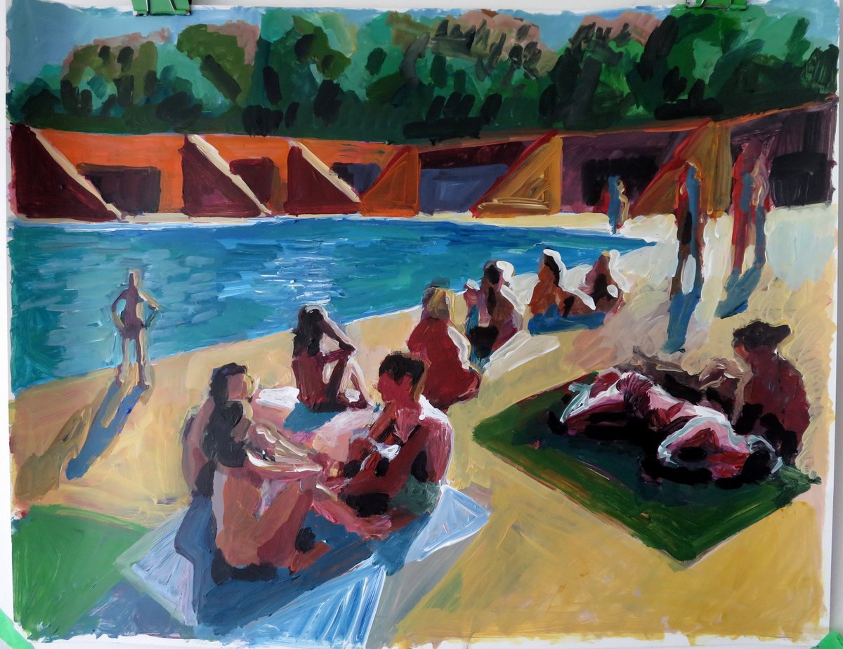 Impressionistic Landscape Acrylic Painting By Stephen Abela, 28 X 22", Public Pool, Original Artwork