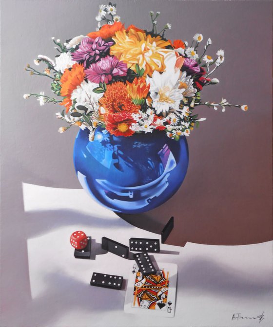 Bunch of Flowers in Blue Vase with Dominoes