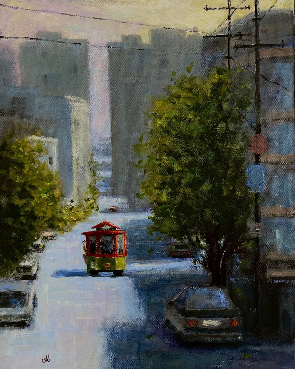 Impressionistic Cityscapes Acrylic Painting By Cristina Mihailescu, 11 X 14, Quiet Echoes Of A Cable Ride, Original Artwork