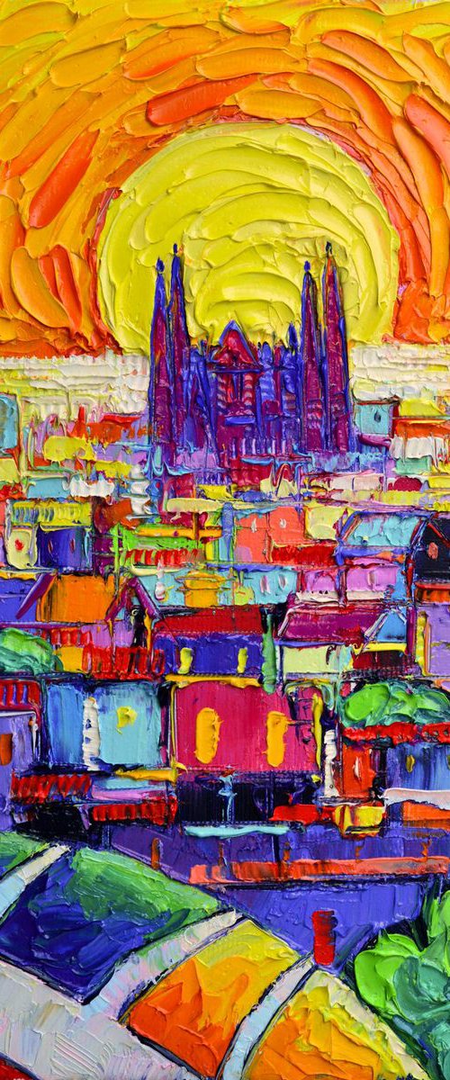 SAGRADA FAMILIA AT SUNRISE FROM PARK GUELL abstract stylized cityscape impasto textural modern impressionist palette knife oil painting by Ana Maria Edulescu by ANA MARIA EDULESCU