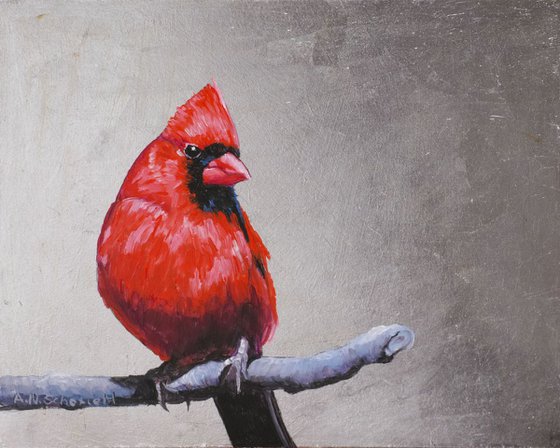 Cardinal oil painting on silver leaf
