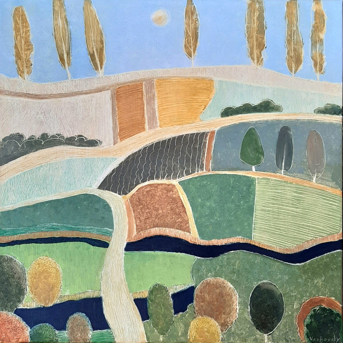 Naive Landscape Oil Painting By Vadim Vaskovsky, 24 X 24", Poplars In Dunes, Original Artwork