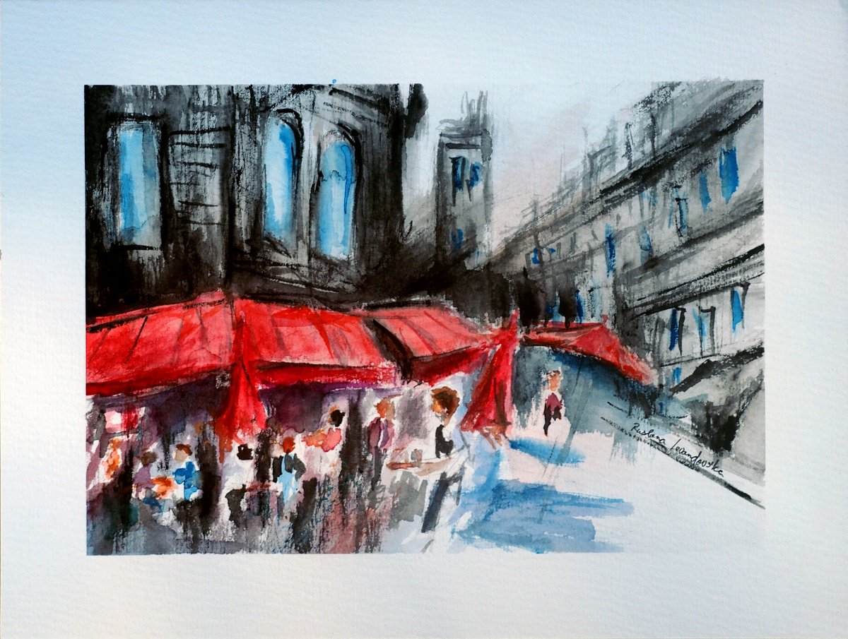 Impressionistic Cityscapes Watercolour By Ruslana Levandovska, 11 X 9", Paris Street Cafe Watercolor, Original Artwork