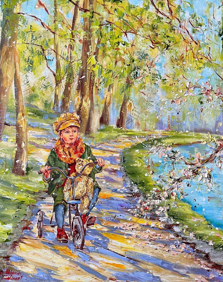 Impressionistic Animal Oil Painting By Diana Malivani, 16 X 19, In The Blooming Park, Original Artwork