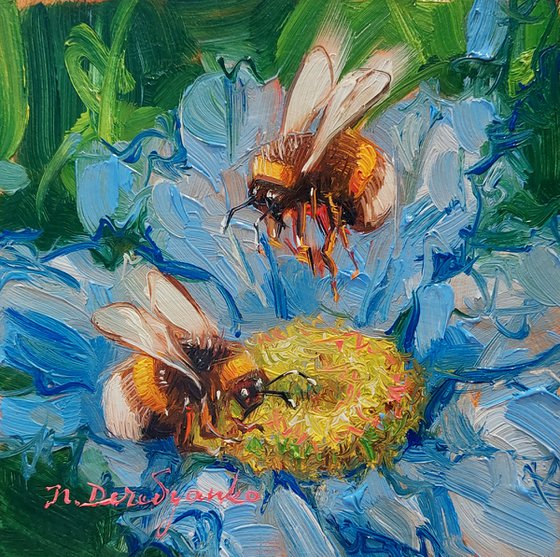 Bumble bee art painting original small framed, Picture couple gifts anniversary, Canvas painting blue flower with bees wall art