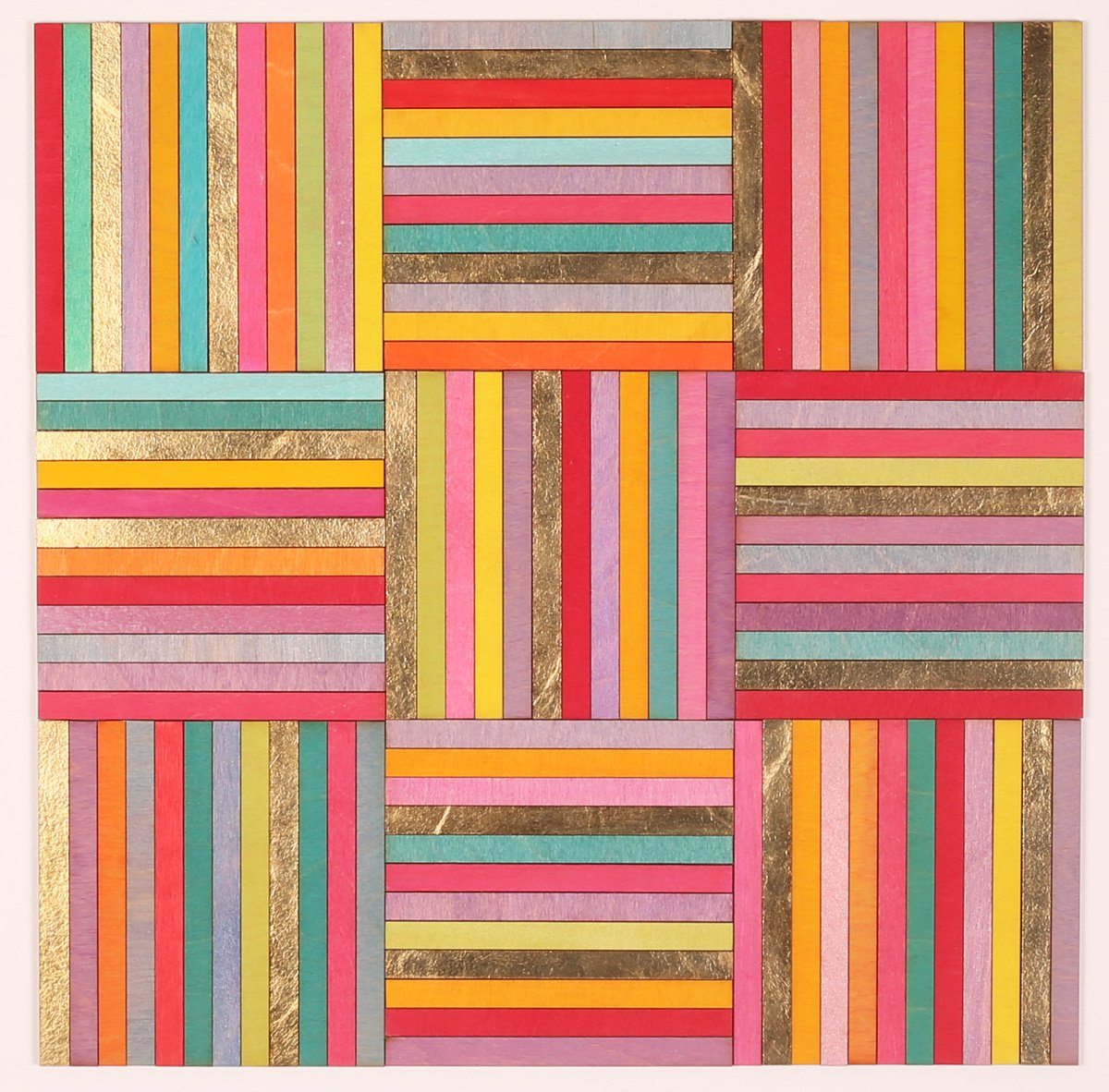 Nine panel stripe collage with gold leaf by Amelia Coward