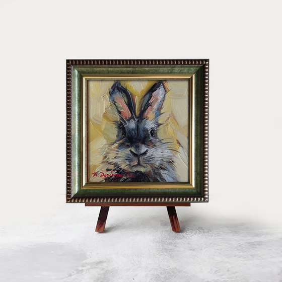 Cute rabbit oil painting original art 10x10 cm, Gray Bunny illustration nursery wall art