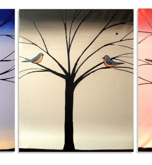 bird triptych landscape art "Bird Seasons" hand made original 48 x 20 inches by Stuart Wright