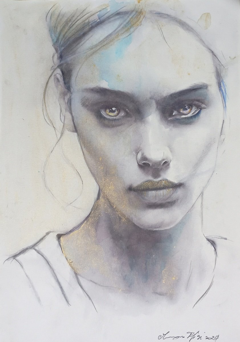 Impressionistic Portrait Ink Drawing By Maurizio Puglisi, 8 X 11", Gold, Original Artwork