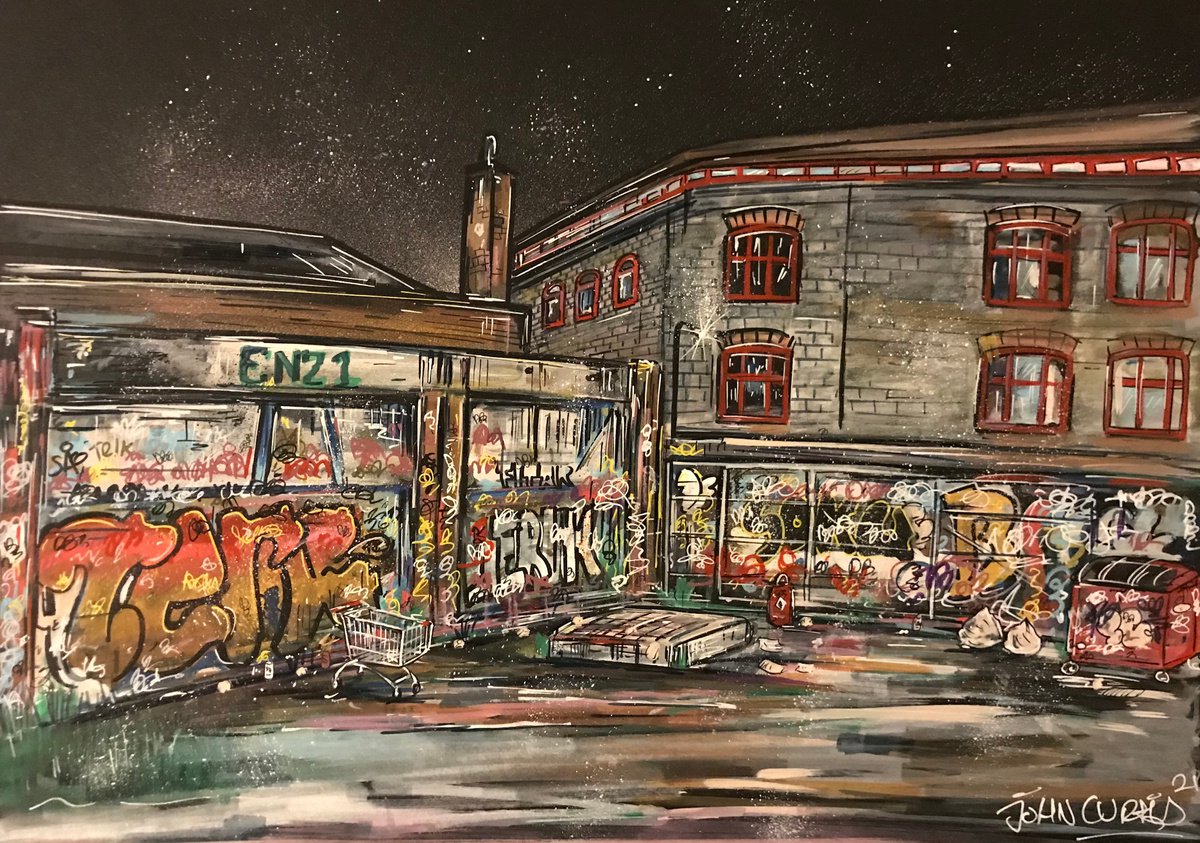 Illustrative Cityscapes Painting By John Curtis, 16 X 12, Stokes Croft, Original Artwork