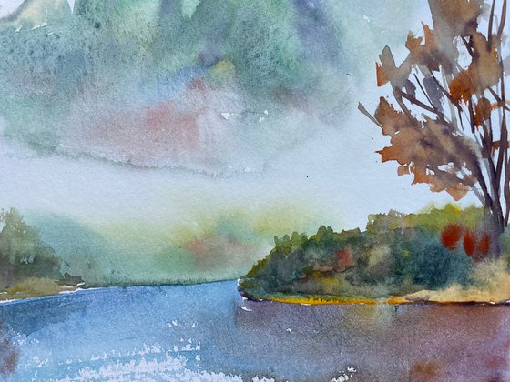 Mountain Original Watercolor Painting, Fall Landscape Artwork, Autumn River Picture, Christmas Gift
