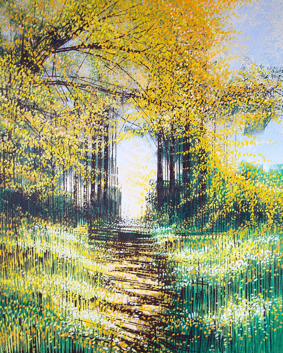 Impressionistic Landscape Acrylic Painting By Marc Todd, 24 X 30", Sunlight Through Autumn Trees, Original Artwork