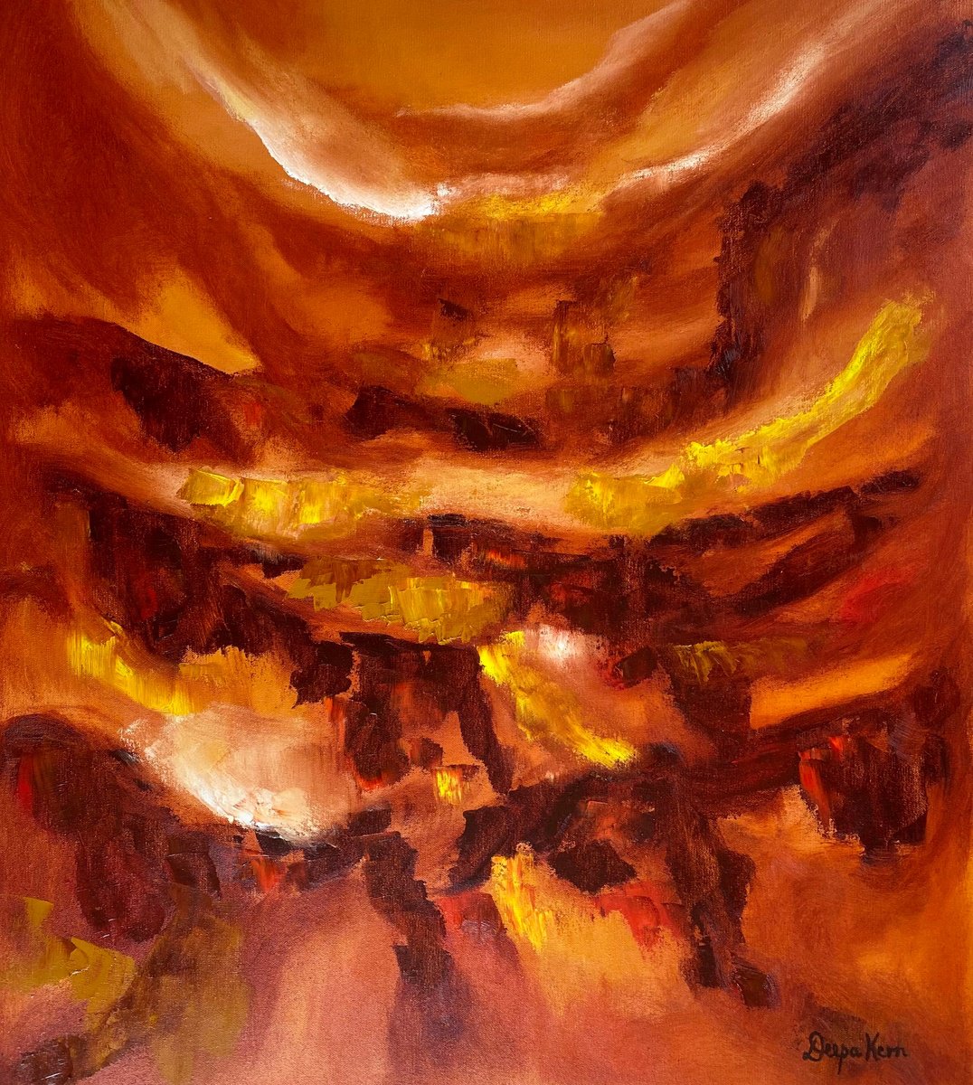 Abstract Landscape Oil Painting By Deepa Kern, 26 X 31, Copper Glow, Original Artwork