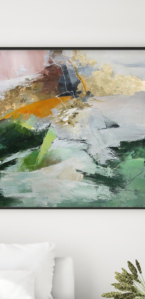 "Green Pulse" Green white gold abstract art by Yana Sagan