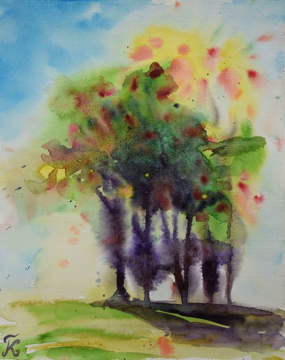 Abstract tree painting, abstract original watercolor art, colorful home decor