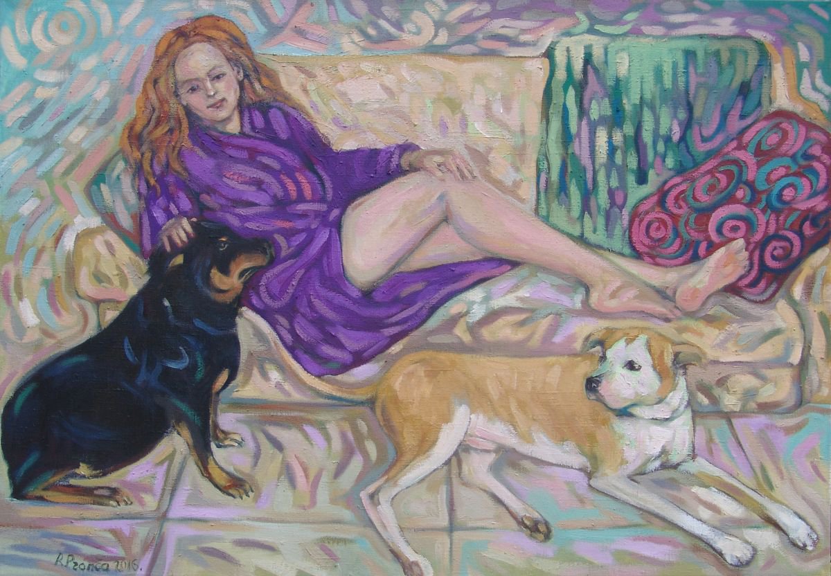 Self portrait with 2 dogs by Rita Pranca