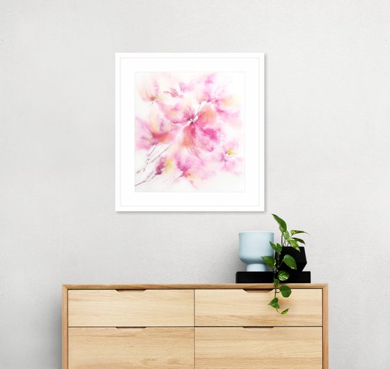 Soft pink flowers. Watercolor loose floral bouquet