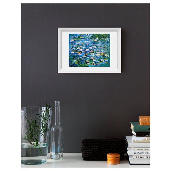 Water Lily Painting Original Art Monet Pond Landscape Artwork Impasto Floral Wall Art