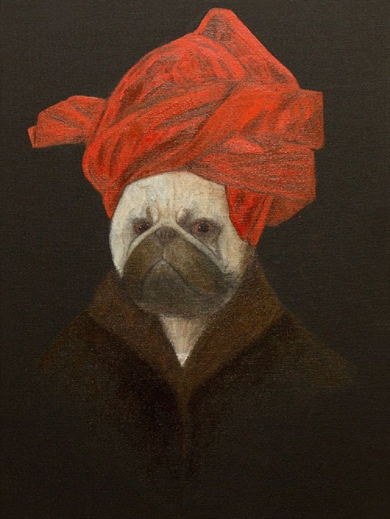 Pug van Eyck - Portrait of a Pug in a Red Turban