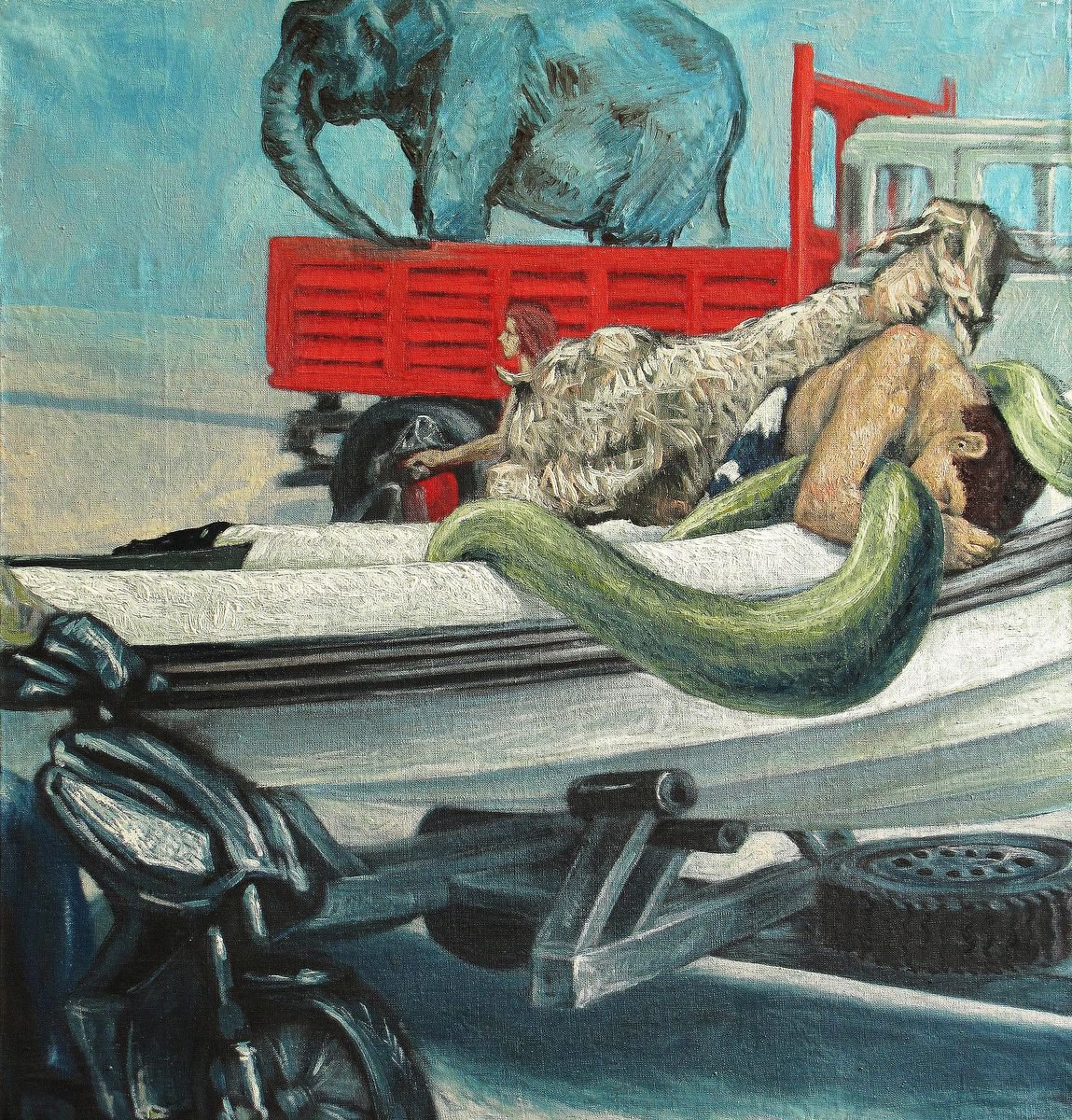 Portrait Oil Painting By Antonio Mele, 30 X 31, Sleeping In The Traffic., Original Artwork