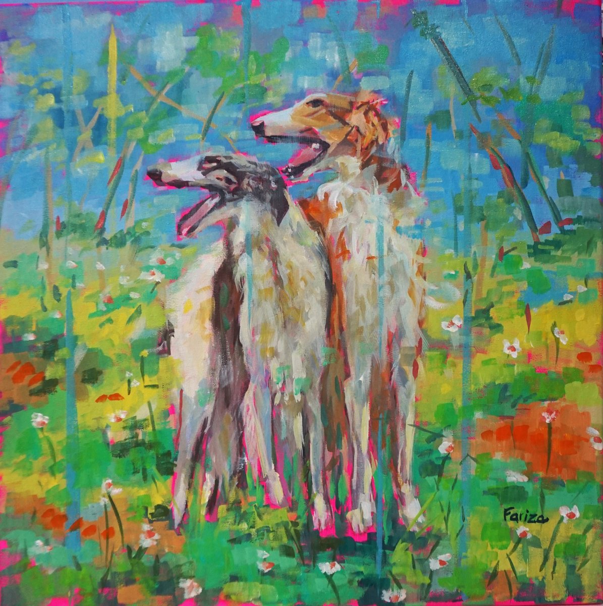 Impressionistic Animal Oil Painting By Amaya Fernandez Fariza, 20 X 20, Greyhounds ( Galgos), Original Artwork
