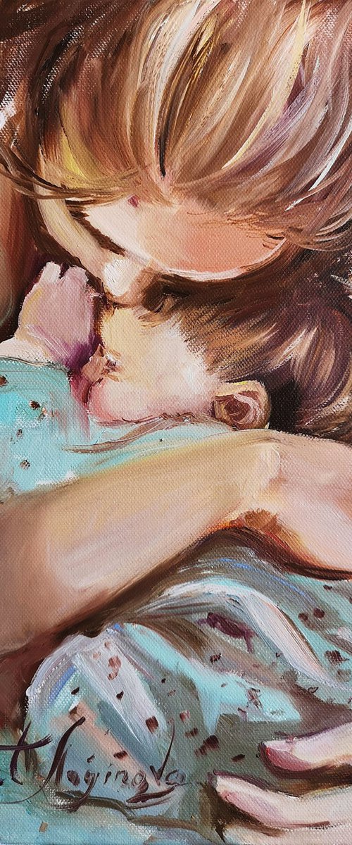 Mom and baby oil painting on canvas by Annet Loginova