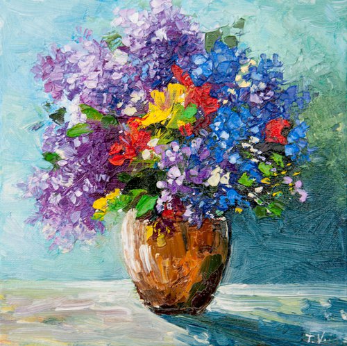 Lilac bouquet. Small oil painting. 6 x 6in. by Tetiana Vysochynska