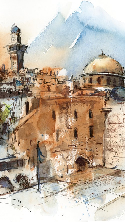 Jerusalem, Wailing Wall - Architecture Sketch Mixed Media by Sophie Rodionov