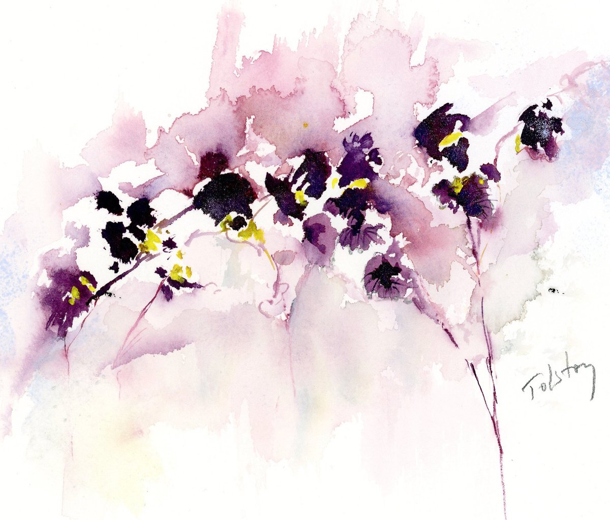 Impressionistic Botanical Watercolour By Alex Tolstoy, 10 X 9, Horned Violets, Original Artwork