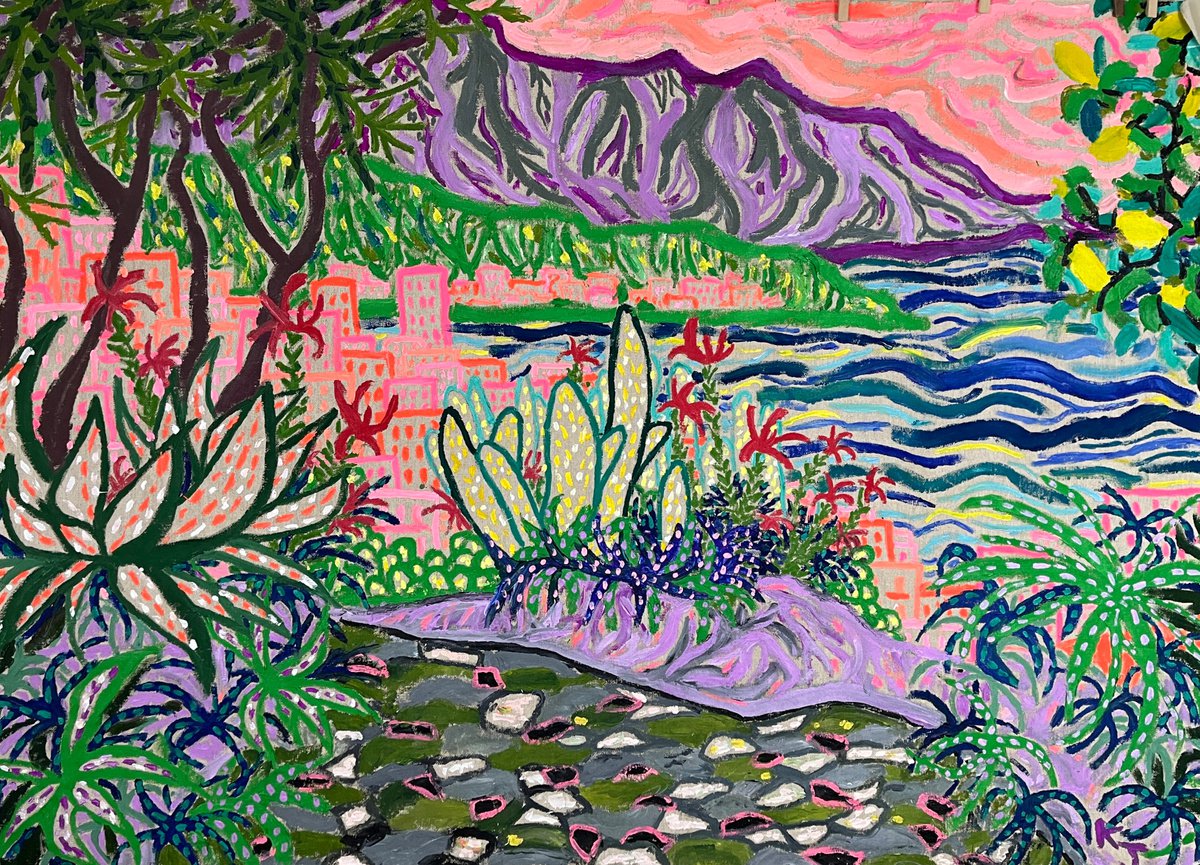 Expressive Landscape Acrylic Painting By Katie Jurkiewicz, 48 X 36", Monaco (Exotic Garden), Original Artwork