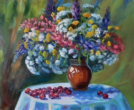 Bouquet with lupines– summer flowers in a clay pot, cherries on the table, sunny mood, oil still life, interior painting, realism.