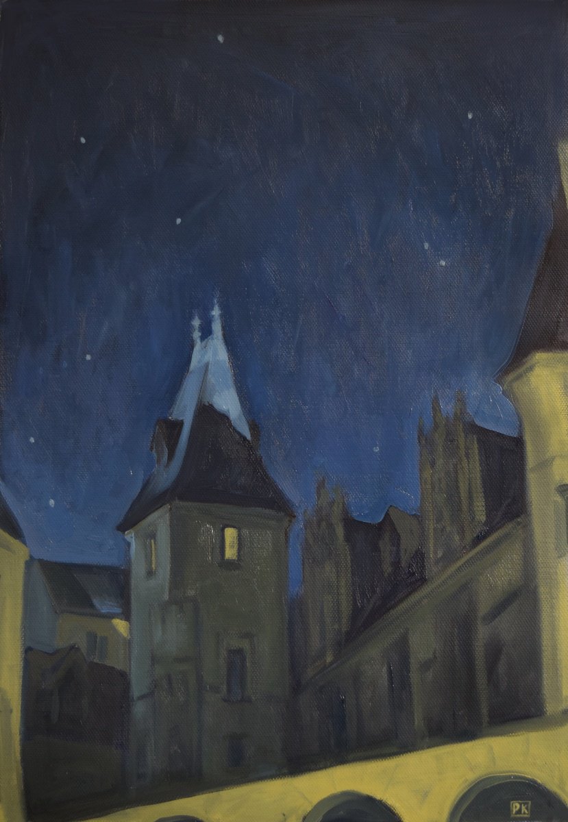 Impressionistic Landscape Oil Painting By Polina Kharlamova, 12 X 16", Night Paris/ Bibliotheque Forney, Original Artwork